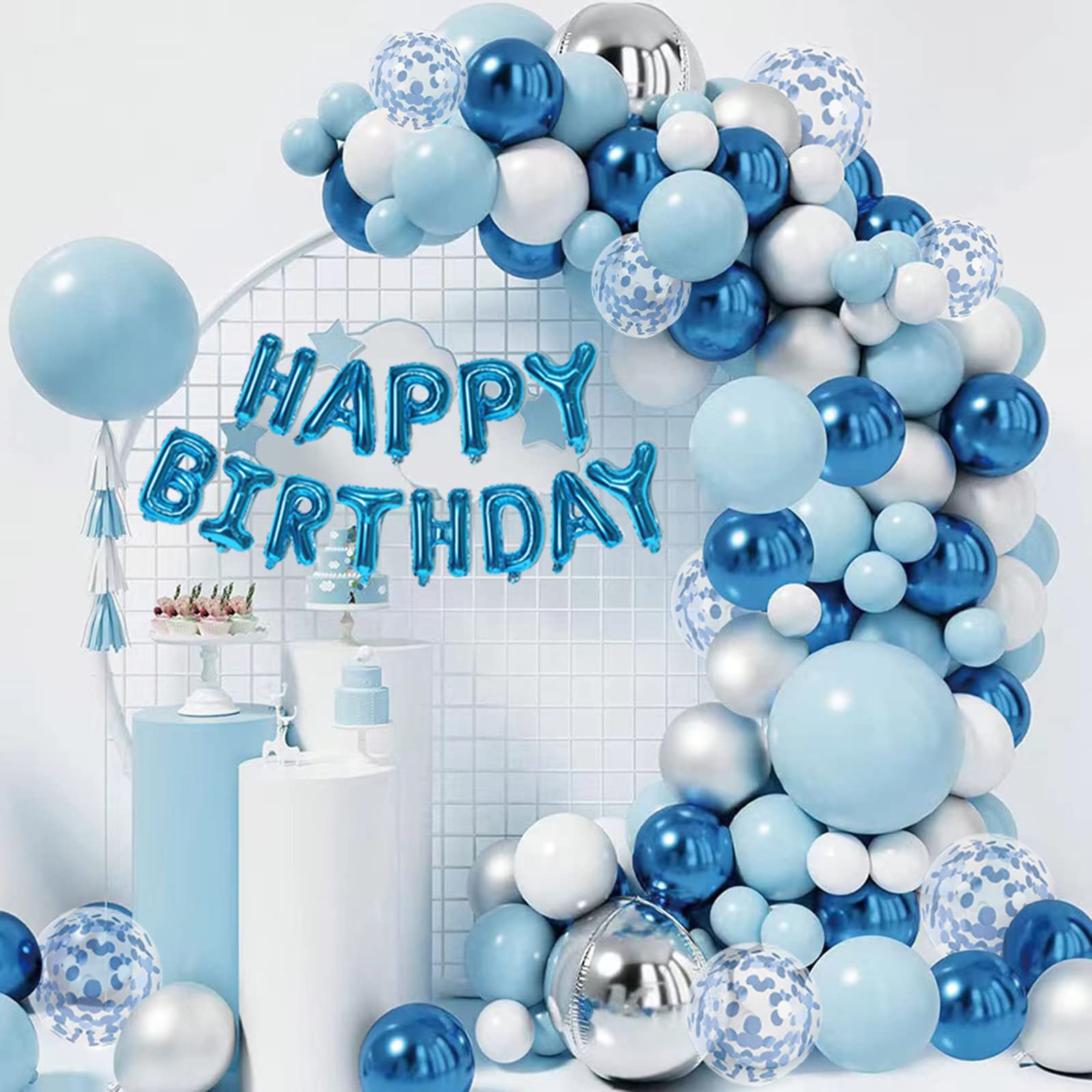 Amazon | 青と白のバルーンガーランドアーチキット Happy Birthday